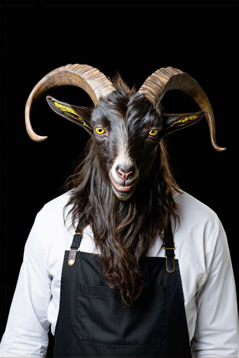 This image features a creature with the head of a goat, wearing a white shirt with a black collar and a dark apron over it. The creatures fur is a mix of light and dark shades, giving it a realistic texture and depth. The fur on the neck and chest is particularly thick and curly.The goats horns are curved and appear to be made of a dark, possibly metallic material, giving them a rugged and imposing look. The creatures eyes are yellow, and its mouth is slightly open, showing teeth that are also yellow. The creatures expression is one of contentment or mild amusement.The art style of the image is realistic with a touch of fantasy, as the creature is a mythical being. The medium appears to be a digital rendering, given the smooth texture and lighting of the fur and the sharpness of the details.The colors in the image are primarily earthy tones, with the white shirt providing a stark contrast against the dark apron and the dark background. The creatures fur is a mix of browns and grays, while the horns and the apron are black. The yellow eyes and teeth add a pop of color to the otherwise muted palette.There are no other objects in the image, focusing the viewers attention solely on the creature. The background is a solid dark color, which serves to highlight the creature and give it a sense of depth. The lighting in the image is soft and diffused, casting gentle shadows that give the creatures fur a threedimensional quality.