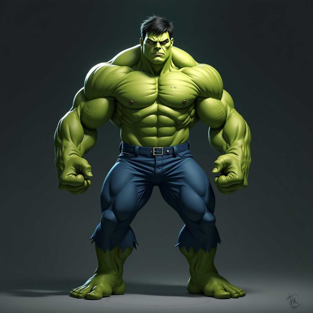 This image features a man that is a blend of human and Hulk like attributes. The character is standing with a powerful stance, hands clenched and ready for action. The art style is a blend of realism and fantasy, with a focus on the detailed musculature and textures of the skin.The medium appears to be a digital painting, given the smooth blending of colors and the lack of brush strokes. The lighting is dramatic, with a spotlight effect that highlights the character against a dark background. The colors are primarily shades of green, which is characteristic of the Hulk, with some variations in the skin tones to give depth and realism. The characters skin is textured to look like the Hulks, with raised areas and shadows that give it a three dimensional appearance.The character is wearing a pair of blue pants, which are the only clothing visible. The pants appear to be a standard fit, with a button closure at the waist. The overall mood of the image is intense and imposing, with the character exuding a sense of power and aggression.