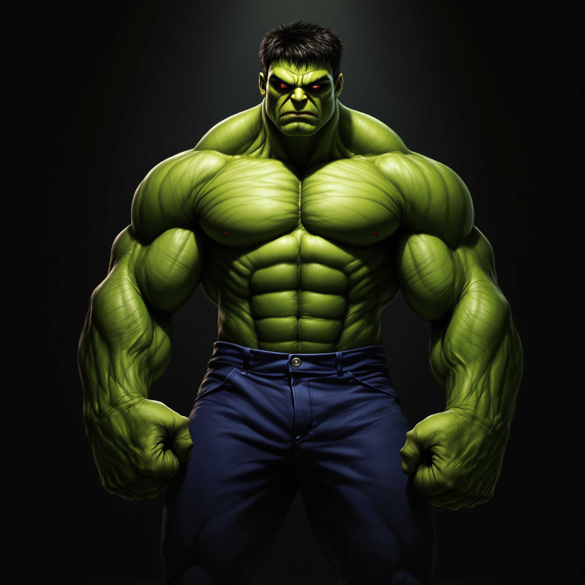 This image features a man that is a blend of human and Hulk like attributes. The character is standing with a powerful stance, hands clenched and ready for action. The art style is a blend of realism and fantasy, with a focus on the detailed musculature and textures of the skin.The medium appears to be a digital painting, given the smooth blending of colors and the lack of brush strokes. The lighting is dramatic, with a spotlight effect that highlights the character against a dark background. The colors are primarily shades of green, which is characteristic of the Hulk, with some variations in the skin tones to give depth and realism. The characters skin is textured to look like the Hulks, with raised areas and shadows that give it a three dimensional appearance.The character is wearing a pair of blue pants, which are the only clothing visible. The pants appear to be a standard fit, with a button closure at the waist. The overall mood of the image is intense and imposing, with the character exuding a sense of power and aggression.