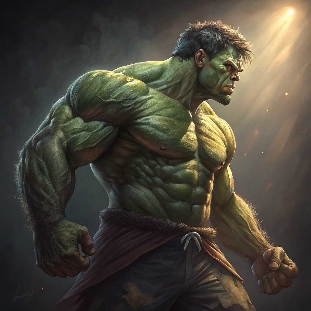 This image features a man that is a blend of human and Hulk like attributes. The character is standing with a powerful stance, hands clenched and ready for action. The art style is a blend of realism and fantasy, with a focus on the detailed musculature and textures of the skin.The medium appears to be a digital painting, given the smooth blending of colors and the lack of brush strokes. The lighting is dramatic, with a spotlight effect that highlights the character against a dark background. The colors are primarily shades of green, which is characteristic of the Hulk, with some variations in the skin tones to give depth and realism. The characters skin is textured to look like the Hulks, with raised areas and shadows that give it a three dimensional appearance.The character is wearing a pair of blue pants, which are the only clothing visible. The pants appear to be a standard fit, with a button closure at the waist. The overall mood of the image is intense and imposing, with the character exuding a sense of power and aggression.