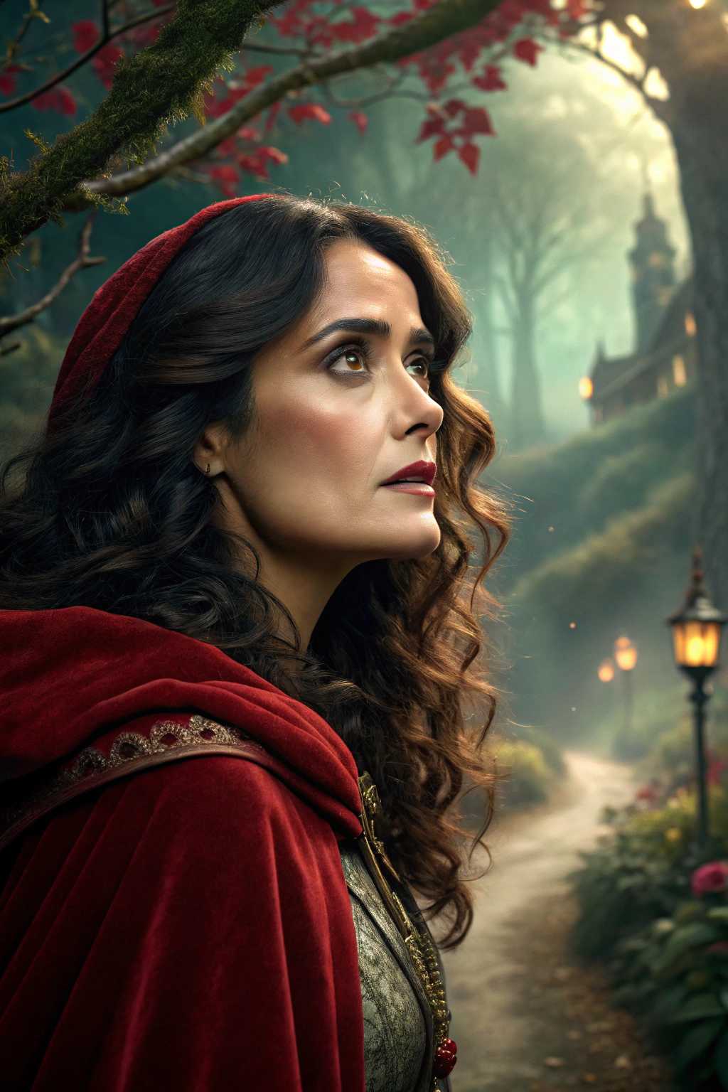a photo of Salma Hayek, This image is a digital artwork that exudes a fantasy and enchanting atmosphere. The art style is reminiscent of high quality digital painting, with a focus on realistic proportions and textures, while still maintaining a stylized and fantastical element. The medium appears to be a digital painting software, given the smooth blending of colors and the lack of brush strokes.The colors in the image are rich and vibrant, with a predominance of greens, reds, and earth tones. The greens of the foliage and the characters costume create a lush, verdant feel, while the reds of the roses and the characters hair add a pop of color that draws the eye. The earth tones of the background and the characters skin tone provide a grounding contrast, making the vivid colors pop even more.The objects in the image are numerous and contribute to the overall fantasy setting. At the forefront, there is the central figure, a woman with flowing red hair and a body adorned in a green bodysuit with leaf patterns. The bodysuit is detailed with lace and vines, suggesting a connection to nature. Her skin is a warm, earthy tone, providing a natural contrast to the bright colors of her hair and costume.Behind the figure, there is a circular frame made of intertwined vines and roses, which frames her and adds a sense of enclosure and mystery. The frame is set against a backdrop of a sunlit forest, with towering trees and lush foliage. The light filters through the canopy, casting a dappled effect on the ground and creating a sense of depth and dimension.The ground is covered in a carpet of green leaves and red roses, with the occasional blue flower peeking through. The roses are in various stages of bloom, with some fully open and others just starting to unfurl. The leaves are detailed and textured, with veins and imperfections that give them a lifelike quality.The overall effect of the image is one of enchantment and mystique, with a strong emphasis on the beauty and power of nature. The interplay of light and shadow, the rich textures, and the harmonious color palette all contribute to a sense of wonder and fantasy.