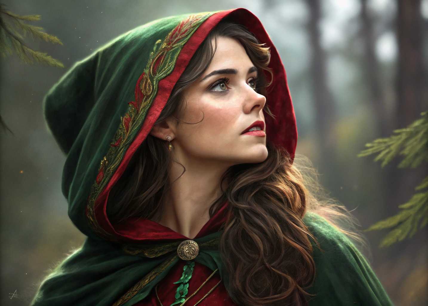  This image is a digital artwork of a woman, that exudes a fantasy and enchanting atmosphere. The art style is reminiscent of high quality digital painting, with a focus on realistic proportions and textures, while still maintaining a stylized and fantastical element. The medium appears to be a digital painting software, given the smooth blending of colors and the lack of brush strokes.The colors in the image are rich and vibrant, with a predominance of greens, reds, and earth tones. The greens of the foliage and the characters costume create a lush, verdant feel, while the reds of the roses and the characters hair add a pop of color that draws the eye. The earth tones of the background and the characters skin tone provide a grounding contrast, making the vivid colors pop even more.The objects in the image are numerous and contribute to the overall fantasy setting. At the forefront, there is the central figure, a woman with flowing red hair and a body adorned in a green bodysuit with leaf patterns. The bodysuit is detailed with lace and vines, suggesting a connection to nature. Her skin is a warm, earthy tone, providing a natural contrast to the bright colors of her hair and costume.Behind the figure, there is a circular frame made of intertwined vines and roses, which frames her and adds a sense of enclosure and mystery. The frame is set against a backdrop of a sunlit forest, with towering trees and lush foliage. The light filters through the canopy, casting a dappled effect on the ground and creating a sense of depth and dimension.The ground is covered in a carpet of green leaves and red roses, with the occasional blue flower peeking through. The roses are in various stages of bloom, with some fully open and others just starting to unfurl. The leaves are detailed and textured, with veins and imperfections that give them a lifelike quality.The overall effect of the image is one of enchantment and mystique, with a strong emphasis on the beauty and power of nature. The interplay of light and shadow, the rich textures, and the harmonious color palette all contribute to a sense of wonder and fantasy.