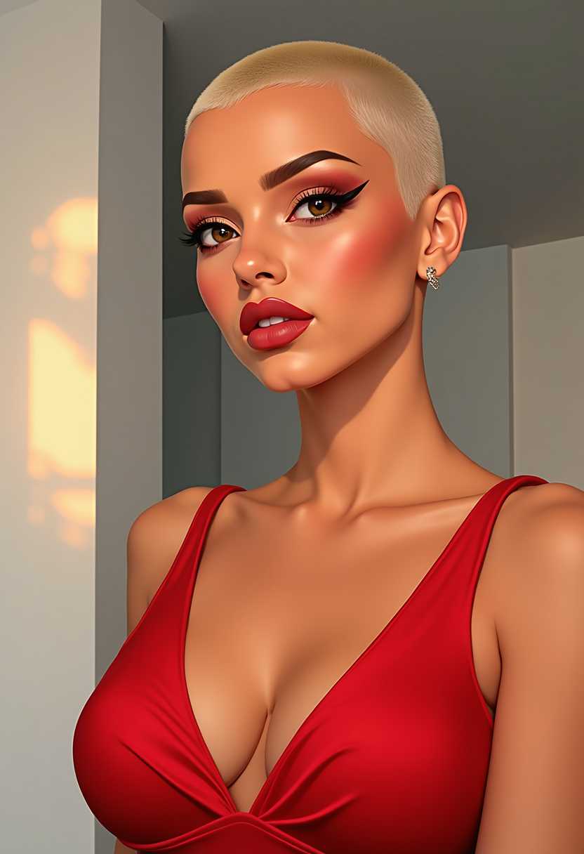 This image is a digital illustration, likely created with software designed for digital art creation. The art style is highly stylized and appears to be a blend of realism and digital painting techniques, with a focus on smooth color gradients and soft lighting that gives the image a threedimensional quality.The subject of the image is a person with a very short, buzzcut hairstyle that graduates from a lighter blonde at the top to a darker blonde at the sides and back. The hair is styled in a way that it appears to be carefully sculpted, with the strands having a slight texture and volume.The person is wearing a red garment that appears to be a dress or top with a plunging neckline. The red is a rich, vibrant shade that stands out against the skin tones of the subject and the neutral background. The garment has a subtle sheen, suggesting a satiny or silklike texture.The subjects makeup is bold and dramatic, with a focus on the eyes. The eyebrows are thick and welldefined, with a natural arch. The eyeshadow is a gradient of warm tones, with a rich, reddishbrown at the outer corners that fades into a lighter shade towards the inner corners. The eyeliner is thick and black, with a winged extension at the outer corners, and the mascara is volumizing and clumpfree, adding length and definition to the lashes.The subjects skin is depicted with a high level of detail, showing realistic textures and contours. The skin tone is a warm, natural shade that contrasts with the bright red of the garment and the bold makeup.The background is a neutral, indoor space with a focus on architectural elements. There are white walls with a subtle texture, and the ceiling is a gradient of cool grays, with a warm, ambient light source that casts a soft glow on the subjects face and shoulders. The light source is not directly visible, but its presence is suggested by the shadows and highlights on the subjects skin and the subtle reflections on the surfaces in the background.Overall, the image exudes a sense of modern elegance and sophistication, with a strong emphasis on color, texture, and lighting to create a visually striking and dynamic composition.