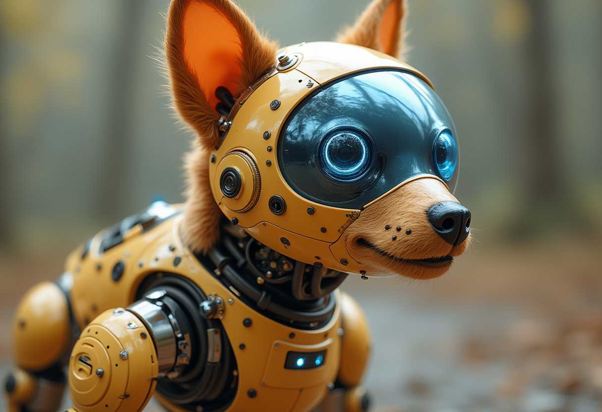 a photo of a BUG, Create an image of a Robotic hybrid dog, robitic compentets kike terminator, with Cyborg baby blue eyes, golden fur, beautiful
