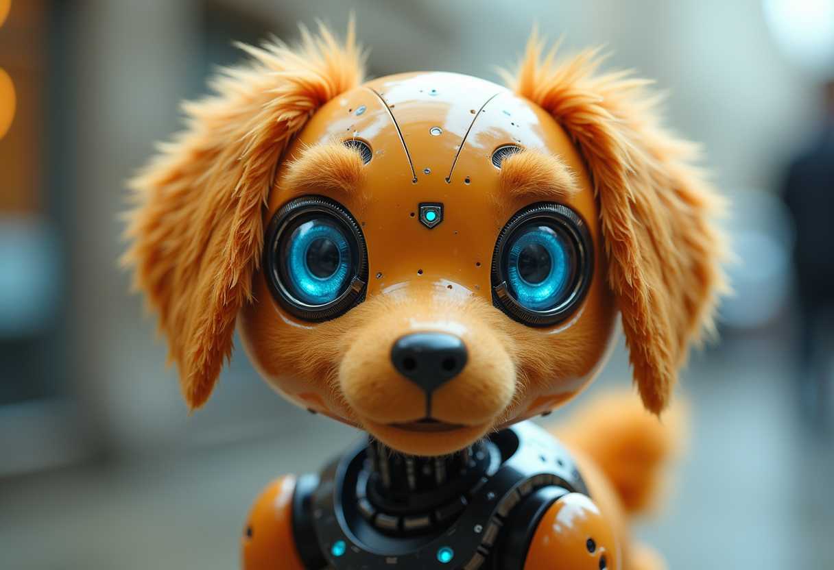 a photo of a BUG, Create an image of a Robotic hybrid dog, robitic compentets kike terminator, with Cyborg baby blue eyes, golden fur, beautiful