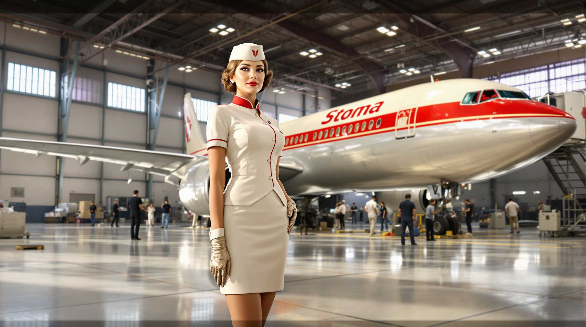 This image is a highresolution photograph that captures a scene in an aircraft hangar. The art style is realistic with a touch of vintage flair, emphasized by the retrostyled uniform of the person in the foreground and the classic design of the airplane in the background.Medium The image is a digital photograph, likely taken with a DSLR or mirrorless camera equipped with a wideangle lens to capture the expansive hangar interior.Colors The color palette is warm and muted, with a predominance of creams, whites, and soft reds. The lighting in the hangar is natural, with daylight streaming in from large windows, casting a soft glow on the scene. The metallic sheen of the aircrafts fuselage and the reflective surfaces of the hangar floor add subtle highlights of silver and gray.Objects in the Image1. The central figure is a person dressed in a shortsleeved, kneelength stewardess uniform with a red stripe down the front and a matching cap. The uniform is white with a hint of cream, and the person is wearing a pair of metallic gloves.2. In the background, there is a large commercial airplane with the name Stoma written on the fuselage. The airplane has a classic design with a single visible engine on the wing, and the cockpit windows are prominent.3. The hangar floor is made of a reflective material, likely polished concrete, which mirrors the light and the objects in the hangar.4. The hangar ceiling is high with exposed beams and industrial lighting fixtures.5. In the distance, there are several other people, possibly mechanics or airport staff, engaged in various activities.6. There are also some pieces of equipment and tools scattered around the hangar floor, indicating ongoing maintenance or inspection activities.