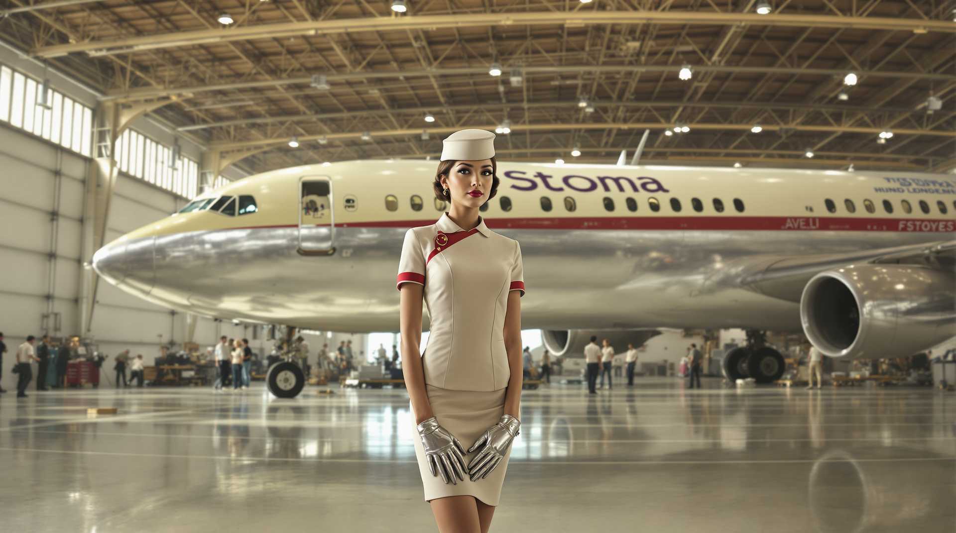 This image is a highresolution photograph that captures a scene in an aircraft hangar. The art style is realistic with a touch of vintage flair, emphasized by the retrostyled uniform of the person in the foreground and the classic design of the airplane in the background.Medium The image is a digital photograph, likely taken with a DSLR or mirrorless camera equipped with a wideangle lens to capture the expansive hangar interior.Colors The color palette is warm and muted, with a predominance of creams, whites, and soft reds. The lighting in the hangar is natural, with daylight streaming in from large windows, casting a soft glow on the scene. The metallic sheen of the aircrafts fuselage and the reflective surfaces of the hangar floor add subtle highlights of silver and gray.Objects in the Image1. The central figure is a person dressed in a shortsleeved, kneelength stewardess uniform with a red stripe down the front and a matching cap. The uniform is white with a hint of cream, and the person is wearing a pair of metallic gloves.2. In the background, there is a large commercial airplane with the name Stoma written on the fuselage. The airplane has a classic design with a single visible engine on the wing, and the cockpit windows are prominent.3. The hangar floor is made of a reflective material, likely polished concrete, which mirrors the light and the objects in the hangar.4. The hangar ceiling is high with exposed beams and industrial lighting fixtures.5. In the distance, there are several other people, possibly mechanics or airport staff, engaged in various activities.6. There are also some pieces of equipment and tools scattered around the hangar floor, indicating ongoing maintenance or inspection activities.