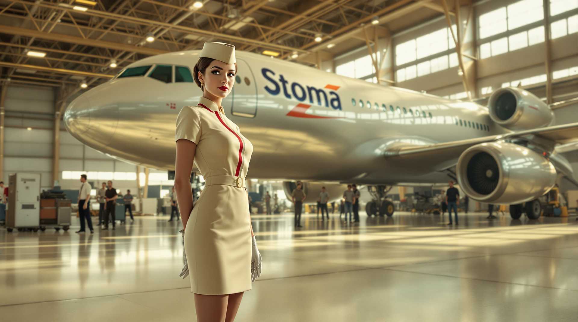 This image is a highresolution photograph that captures a scene in an aircraft hangar. The art style is realistic with a touch of vintage flair, emphasized by the retrostyled uniform of the person in the foreground and the classic design of the airplane in the background.Medium The image is a digital photograph, likely taken with a DSLR or mirrorless camera equipped with a wideangle lens to capture the expansive hangar interior.Colors The color palette is warm and muted, with a predominance of creams, whites, and soft reds. The lighting in the hangar is natural, with daylight streaming in from large windows, casting a soft glow on the scene. The metallic sheen of the aircrafts fuselage and the reflective surfaces of the hangar floor add subtle highlights of silver and gray.Objects in the Image1. The central figure is a person dressed in a shortsleeved, kneelength stewardess uniform with a red stripe down the front and a matching cap. The uniform is white with a hint of cream, and the person is wearing a pair of metallic gloves.2. In the background, there is a large commercial airplane with the name Stoma written on the fuselage. The airplane has a classic design with a single visible engine on the wing, and the cockpit windows are prominent.3. The hangar floor is made of a reflective material, likely polished concrete, which mirrors the light and the objects in the hangar.4. The hangar ceiling is high with exposed beams and industrial lighting fixtures.5. In the distance, there are several other people, possibly mechanics or airport staff, engaged in various activities.6. There are also some pieces of equipment and tools scattered around the hangar floor, indicating ongoing maintenance or inspection activities.