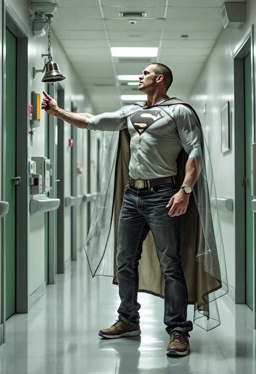 
create an image of a 55 year old 6.5ft tall Caucasian Man, shaved brown hair, standing in a hospital corridor, ringing a bell hanging on the wall, wearing jeans, a shirt and shoes, a transparent curtan superheroes cape is around him. Superman logo on chest. Emasculated male