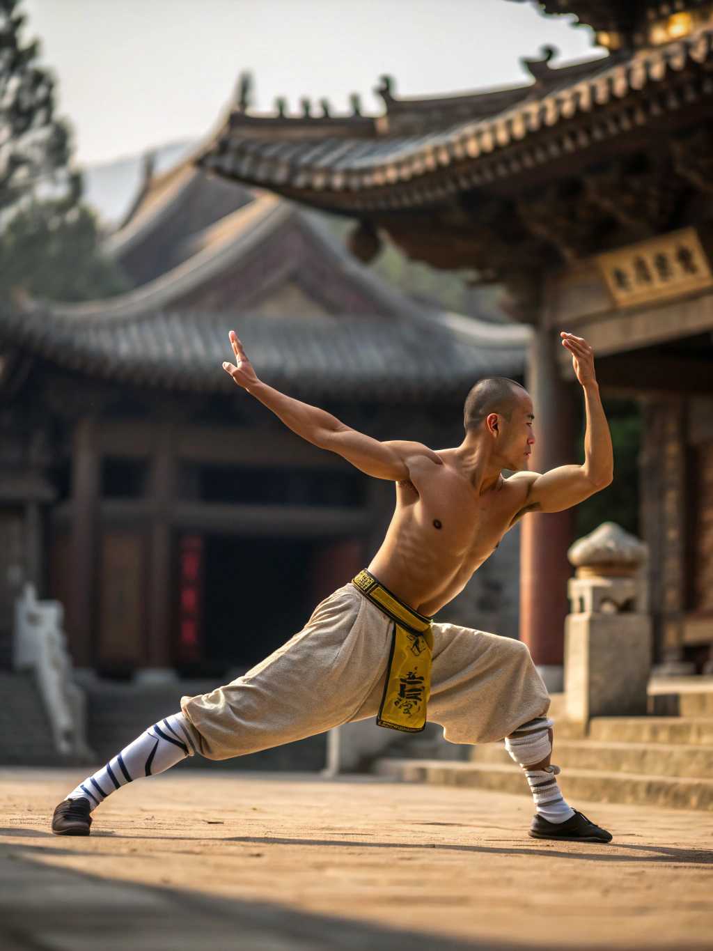 Athletic Shaolin monk, topless, exercise material arts in traditional monastery, bokeh