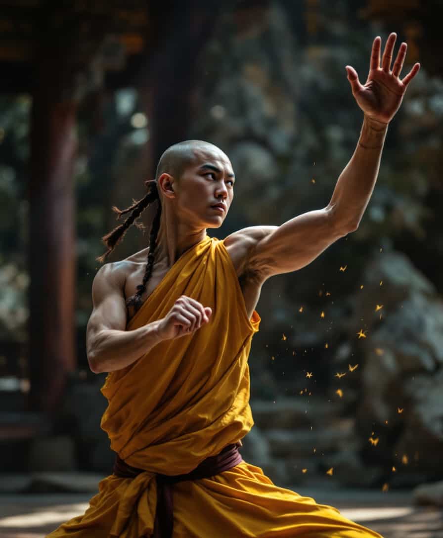 Athletic Shaolin monk, topless, exercise material arts in traditional monastery, bokeh