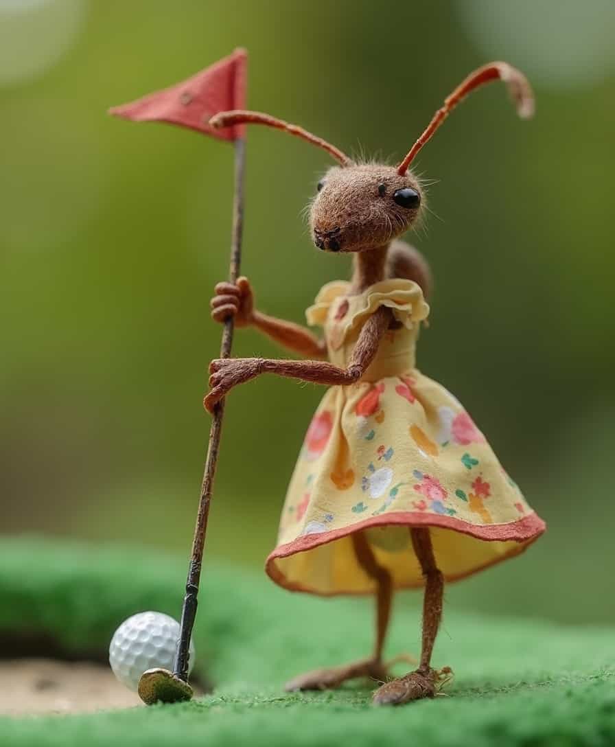 Macro close up photo of an ant in golf dress with golf club in hand playing mini golf, bokeh