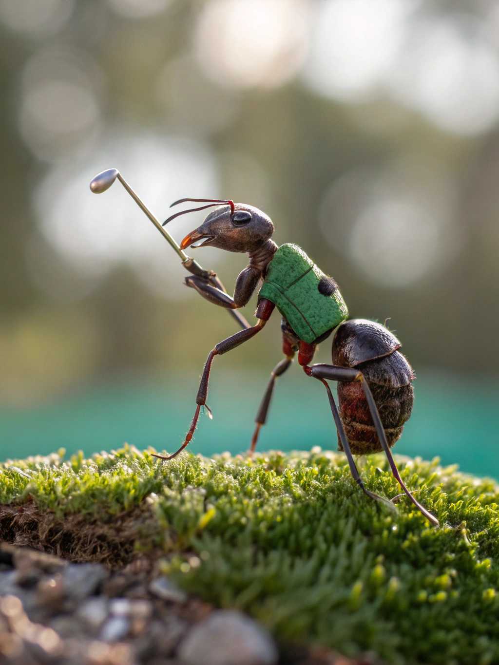 Macro close up photo of an ant in golf dress with golf club in hand playing mini golf, bokeh