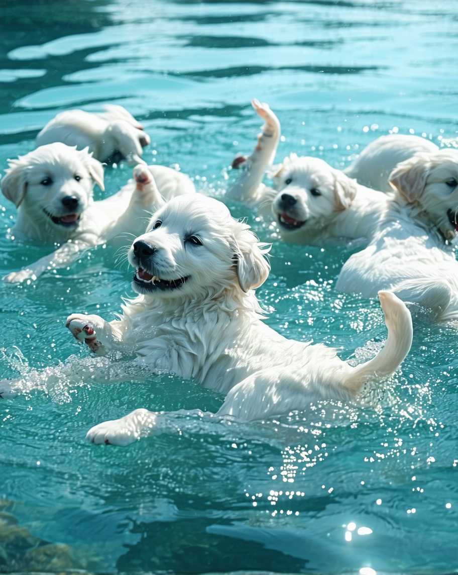 Flowing light blue water, shimmering with ripples, white puppies lying on the surface of the water, playing and frolicking in the water, with relaxed and happy expressions on their faces. The movie version of the camera has 8K resolution and ultra high definition quality --ar 9:16 --v 6.1
