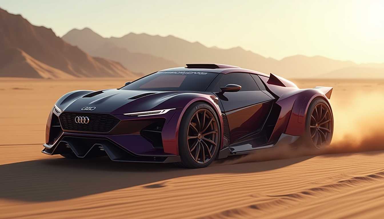 "The futuristic Dakar World 2025 audi MACHINE is designed with sleek, angular lines that suggest powerful movement. The machine has sharp, jagged features, is painted in deep, glossy colors inspired by Venom, with shades of black and purple, and the design has subtle metallic highlights to reflect the light. The background is a vast desert with dramatic squeaks and a bright horizon, suggesting that the machine is going very fast, gliding at impressive speeds. The mood is intense and mysterious, the machine looks like a powerful force ready to take off."