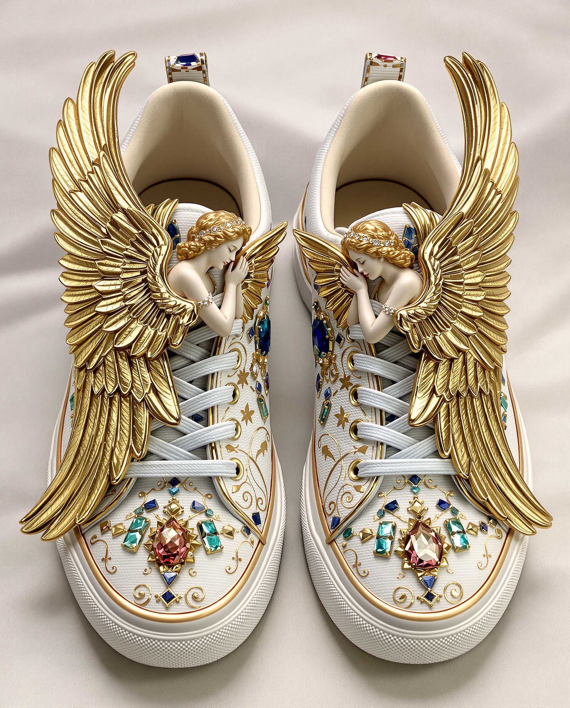 sneakers with renaissance angels in relief, with big realistic wings on each side, and decorated with gold and jewels 
