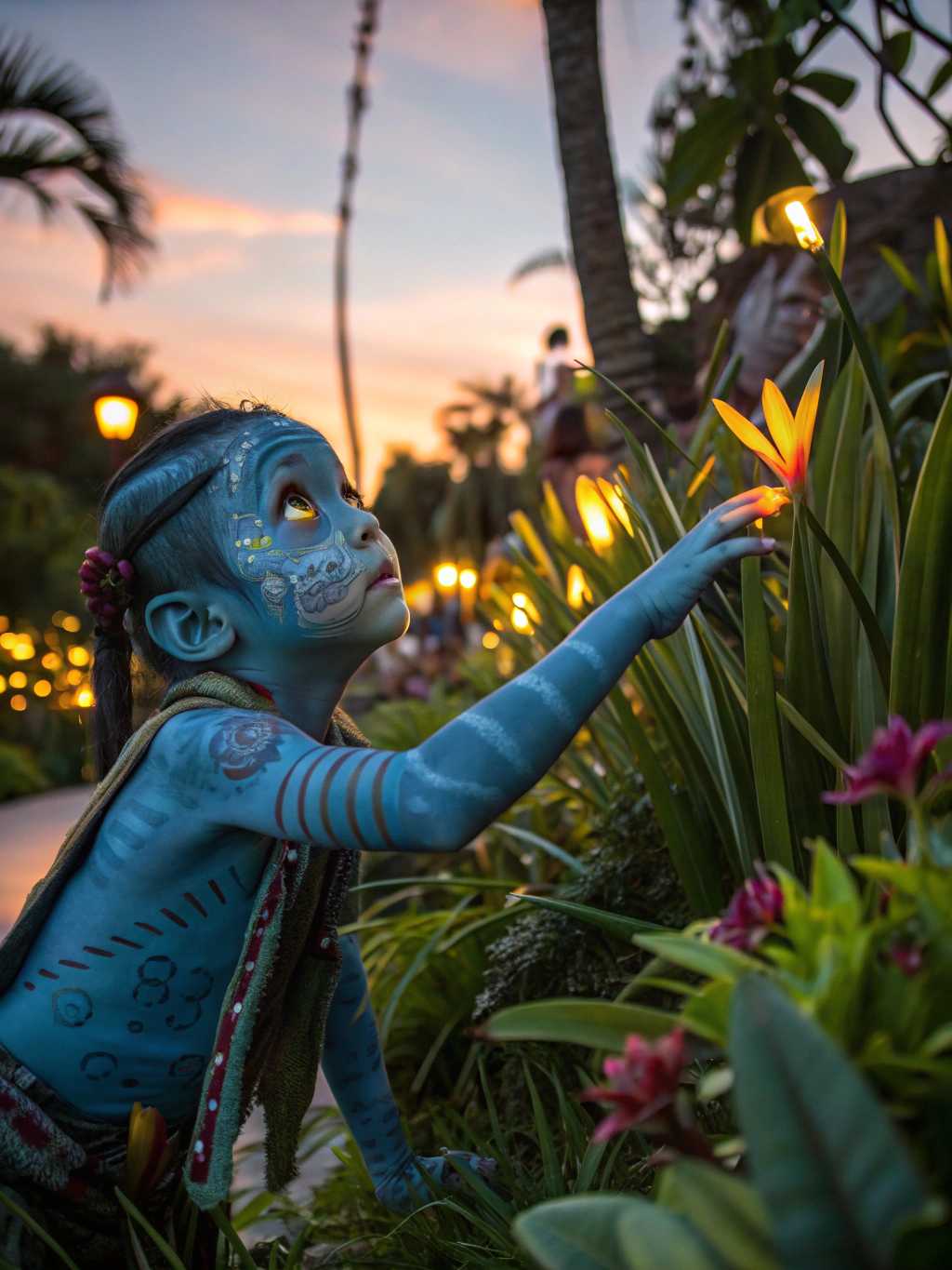 A curious young Na'vi child exploring the vibrant jungle of Pandora, surrounded by bioluminescent flowers and alien creatures. The child’s small, agile frame is covered in blue skin with colorful markings. Their large, expressive yellow eyes are filled with wonder as they reach out to touch a glowing plant. The scene is shot at dusk, with warm, soft lighting casting long shadows, creating a peaceful, magical atmosphere. The child’s playful expression is captured in close-up with a 85mm lens at f/2.0, highlighting the intricate textures of their face and the glowing surroundings. 