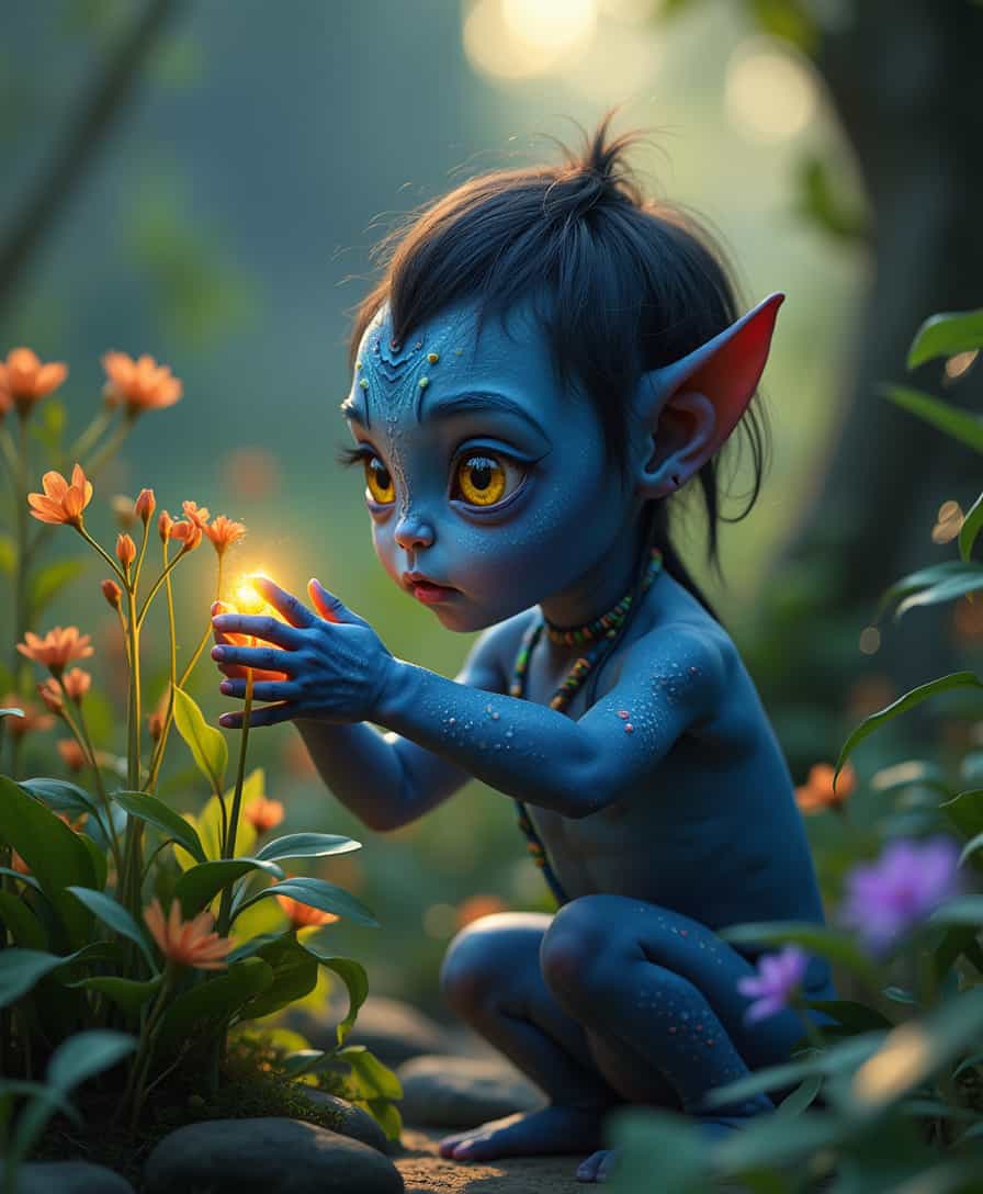 A curious young Na'vi child exploring the vibrant jungle of Pandora, surrounded by bioluminescent flowers and alien creatures. The child’s small, agile frame is covered in blue skin with colorful markings. Their large, expressive yellow eyes are filled with wonder as they reach out to touch a glowing plant. The scene is shot at dusk, with warm, soft lighting casting long shadows, creating a peaceful, magical atmosphere. The child’s playful expression is captured in close-up with a 85mm lens at f/2.0, highlighting the intricate textures of their face and the glowing surroundings. 
