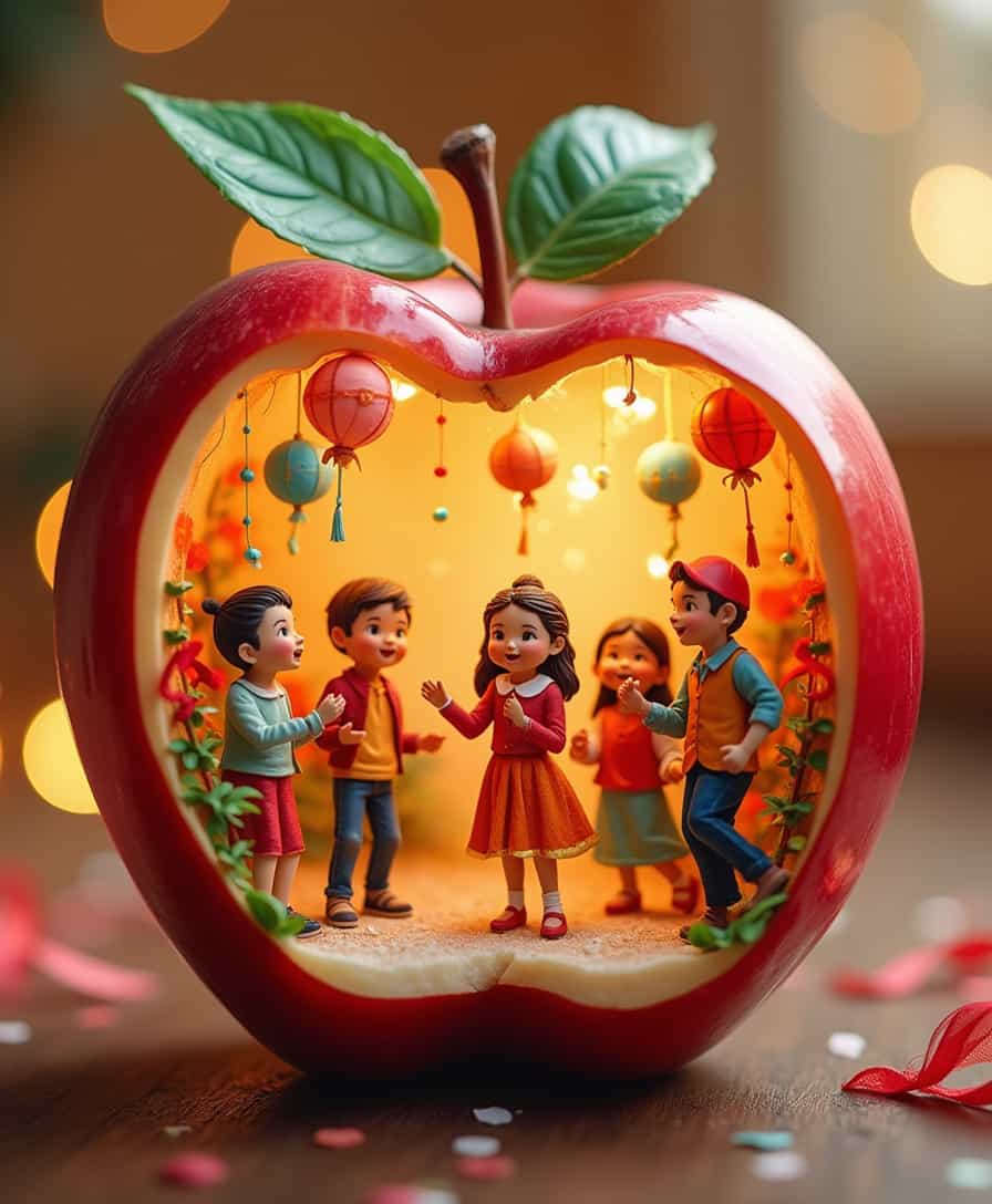 A miniature scene in a red apple, a festive holiday scene in a miniature world of an apple cross section. In the scene, people are dressed in festive costumes, colorful and in various styles, singing and dancing, with joyful smiles on their faces, as if celebrating an important festival. The surroundings are decorated with colorful ribbons, balloons and lanterns. The lanterns are hung high, emitting soft light, illuminating the entire scene. The whole festival atmosphere is strong, full of laughter, reflecting the joy and excitement of life. People gather together to share happy times, and life is booming 