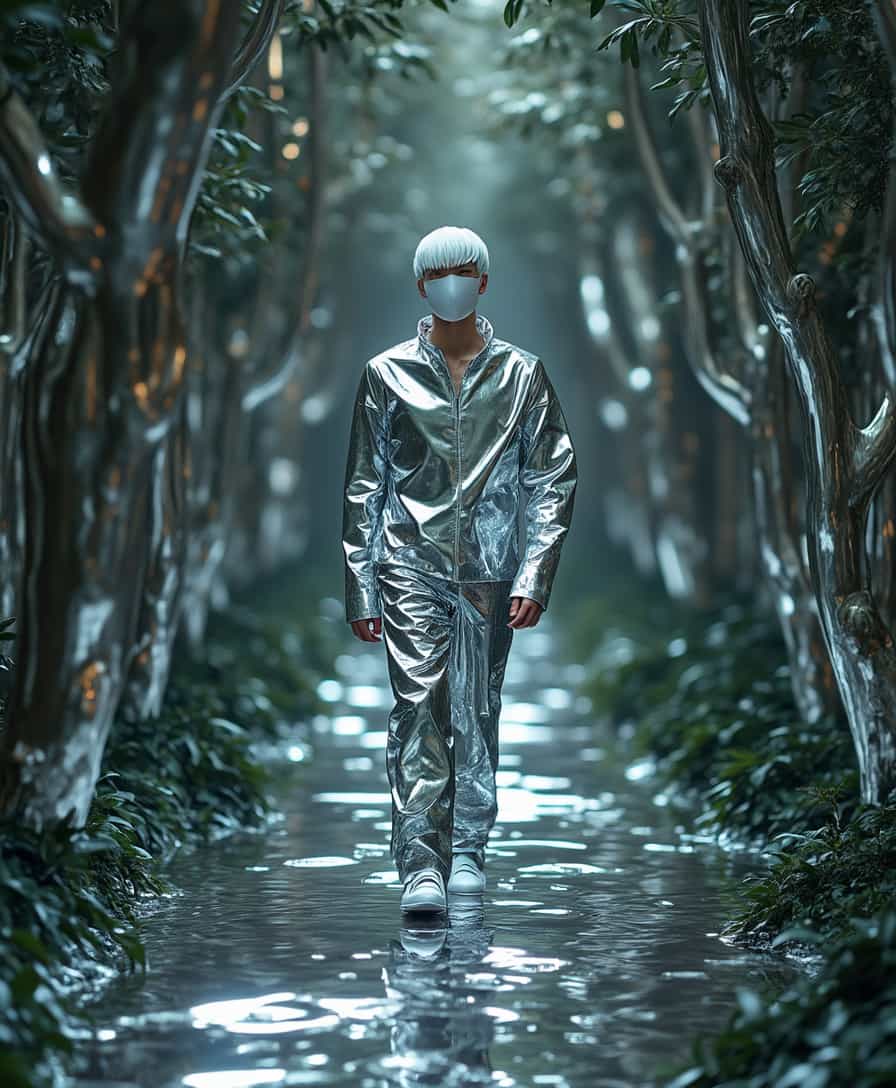 A fully immersive liquid metal-style image of a forest, where both objects and the background are entirely made of fluid-like glossy chrome liquid metal. Low saturation color scheme with soft lighting. All in liquid metal. A white male runway model, dressed in LEMAIRE, standing alone.