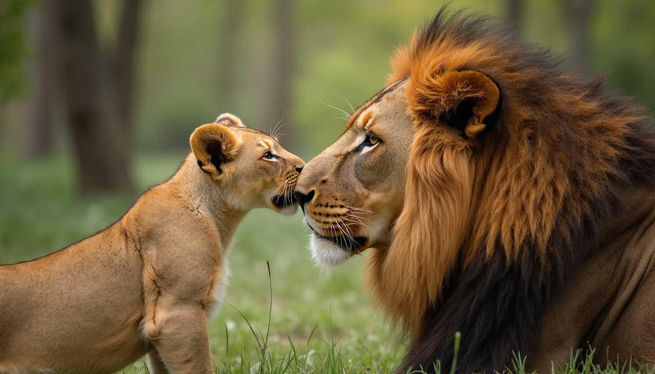 Closeup of a Lion Cub and Adult Lion Nuzzling in a Forest. A lion cub and an adult lion nuzzle each other with their heads close together. The adult lion has a long, thick mane