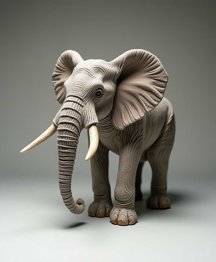 Una figura de elefante creada completamente con hilos de lana, con detalles intrincados que forman el cuerpo, las patas, y la trompa. Los hilos salen de manera fluida y dinámica del cuerpo del elefante, creando un efecto de movimiento como si estuvieran flotando o extendiéndose suavemente. El fondo es neutro, simple y limpio, para resaltar la figura. La iluminación es suave y de alta calidad, destacando las texturas de los hilos y creando un contraste sutil entre las sombras y los detalles de la figura de lana 