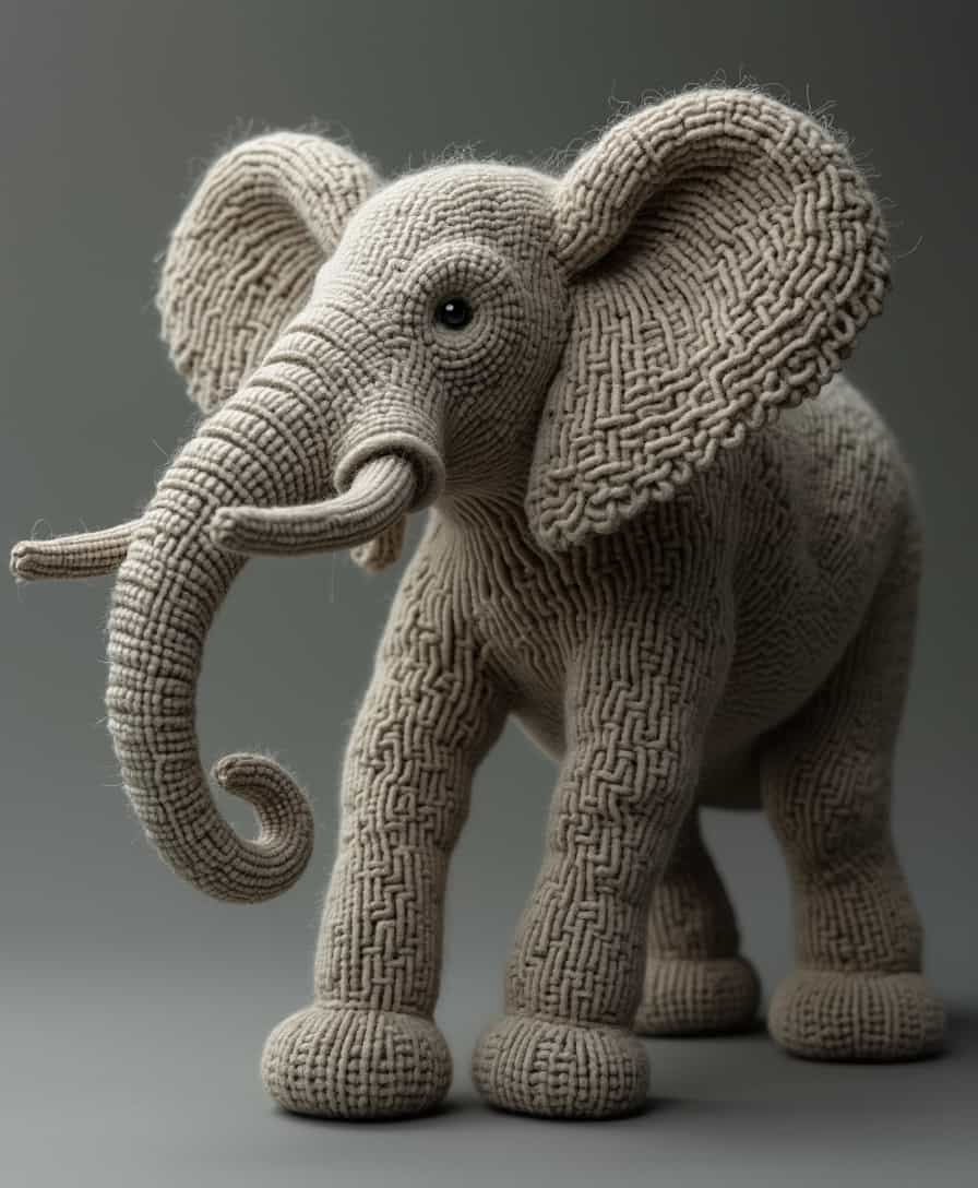 Una figura de elefante creada completamente con hilos de lana, con detalles intrincados que forman el cuerpo, las patas, y la trompa. Los hilos salen de manera fluida y dinámica del cuerpo del elefante, creando un efecto de movimiento como si estuvieran flotando o extendiéndose suavemente. El fondo es neutro, simple y limpio, para resaltar la figura. La iluminación es suave y de alta calidad, destacando las texturas de los hilos y creando un contraste sutil entre las sombras y los detalles de la figura de lana 