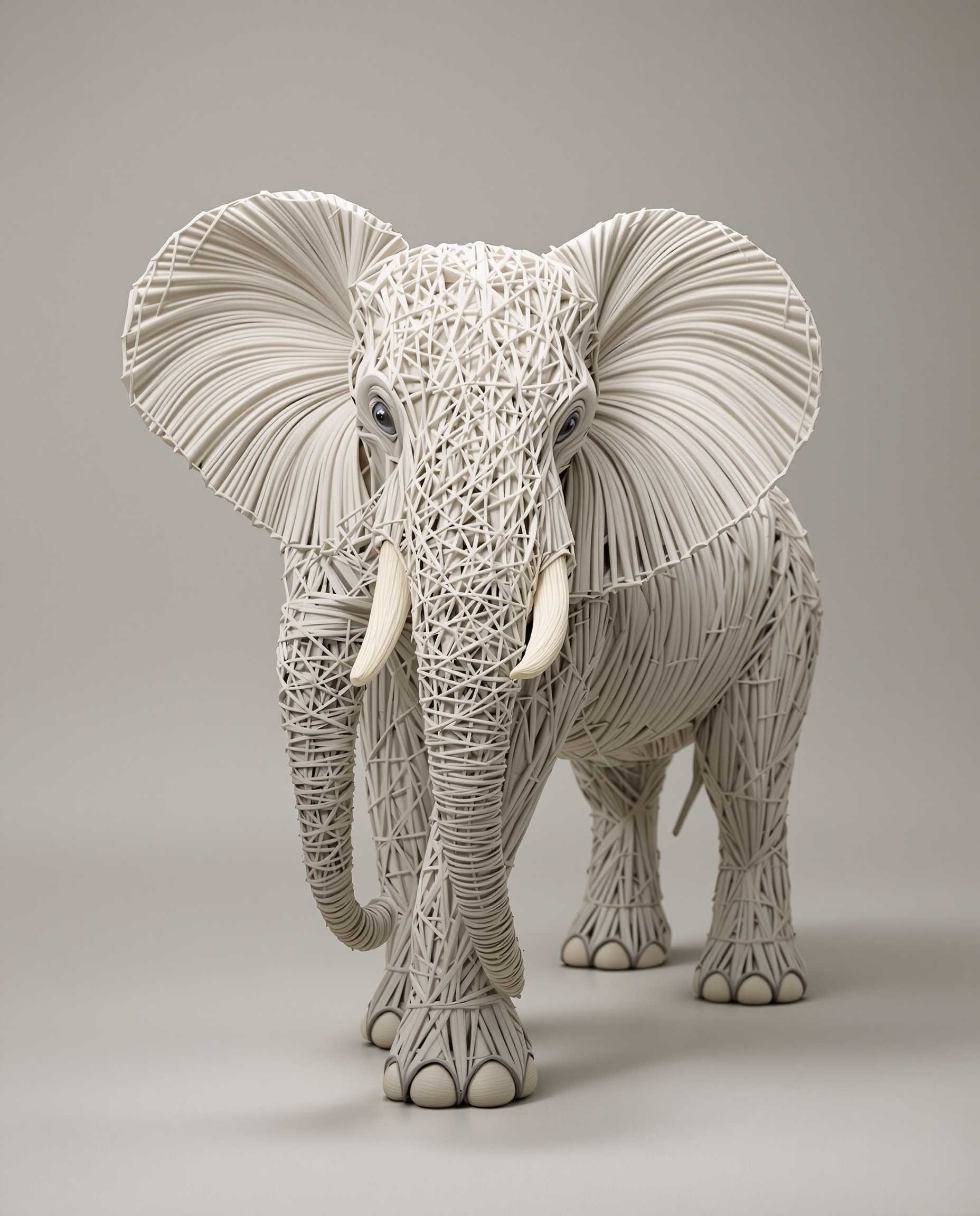 Una figura de elefante creada completamente con hilos de lana, con detalles intrincados que forman el cuerpo, las patas, y la trompa. Los hilos salen de manera fluida y dinámica del cuerpo del elefante, creando un efecto de movimiento como si estuvieran flotando o extendiéndose suavemente. El fondo es neutro, simple y limpio, para resaltar la figura. La iluminación es suave y de alta calidad, destacando las texturas de los hilos y creando un contraste sutil entre las sombras y los detalles de la figura de lana 
