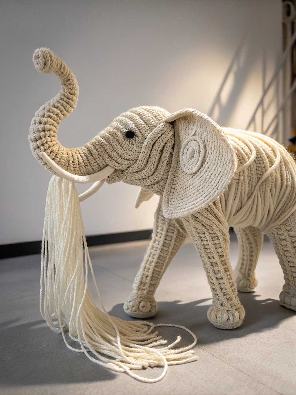 Una figura de elefante creada completamente con hilos de lana, con detalles intrincados que forman el cuerpo, las patas, y la trompa. Los hilos salen de manera fluida y dinámica del cuerpo del elefante, creando un efecto de movimiento como si estuvieran flotando o extendiéndose suavemente. El fondo es neutro, simple y limpio, para resaltar la figura. La iluminación es suave y de alta calidad, destacando las texturas de los hilos y creando un contraste sutil entre las sombras y los detalles de la figura de lana 