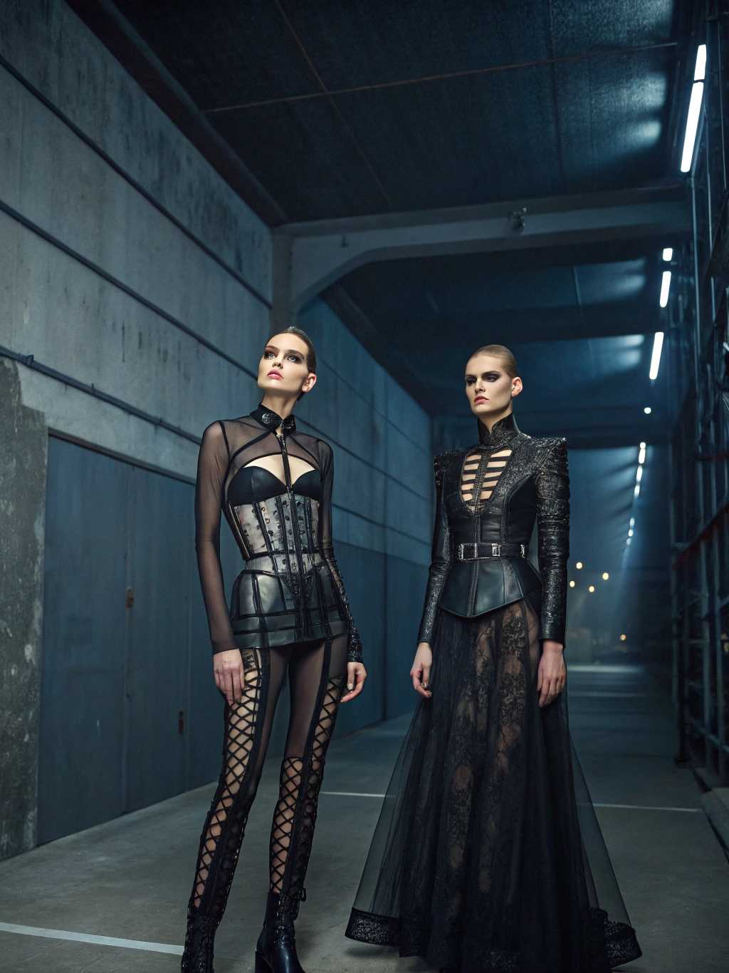 Кампейн Alexander McQueen коллекции 2025, мрачная и авангардная съемка. Фэшн-модели позируют в минималистичном пространстве темный, индустриальный фон с элементами металла, бетонных стен и холодного света. На моделях только архитектурные корсеты сложного дизайна, выполненные из материалов, таких как кожа, металл, кружево и прозрачные ткани. Драматичная эстетика: контрастное освещение, игра света и теней, подчеркивающая скульптурность корсетов. Атмосфера мистики и дерзости, образы дополняют темный макияж, строгие прически или мокрый эффект волос. Композиция передает дух инновации, силы и художественного провокационного стиля Alexander McQueen 