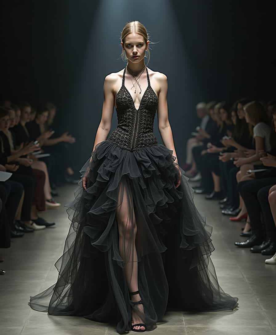 Кампейн Alexander McQueen коллекции 2025, мрачная и авангардная съемка. Фэшн-модели позируют в минималистичном пространстве темный, индустриальный фон с элементами металла, бетонных стен и холодного света. На моделях только архитектурные корсеты сложного дизайна, выполненные из материалов, таких как кожа, металл, кружево и прозрачные ткани. Драматичная эстетика: контрастное освещение, игра света и теней, подчеркивающая скульптурность корсетов. Атмосфера мистики и дерзости, образы дополняют темный макияж, строгие прически или мокрый эффект волос. Композиция передает дух инновации, силы и художественного провокационного стиля Alexander McQueen 