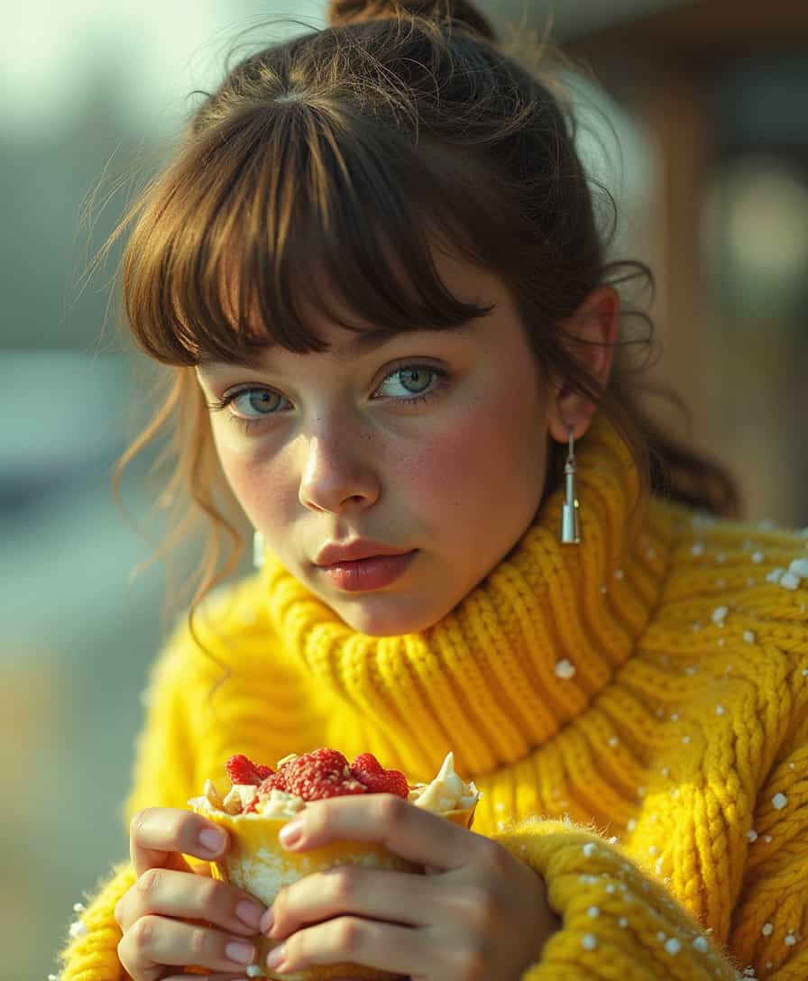 eat yellow snow, photo realistic, intricate, detailed, Bertien Van Manen style, HR, studio lighting, magazine photo, bright lights, Alex Prager style, Lise Sarfati style, 60s-70s, ultra realistic,