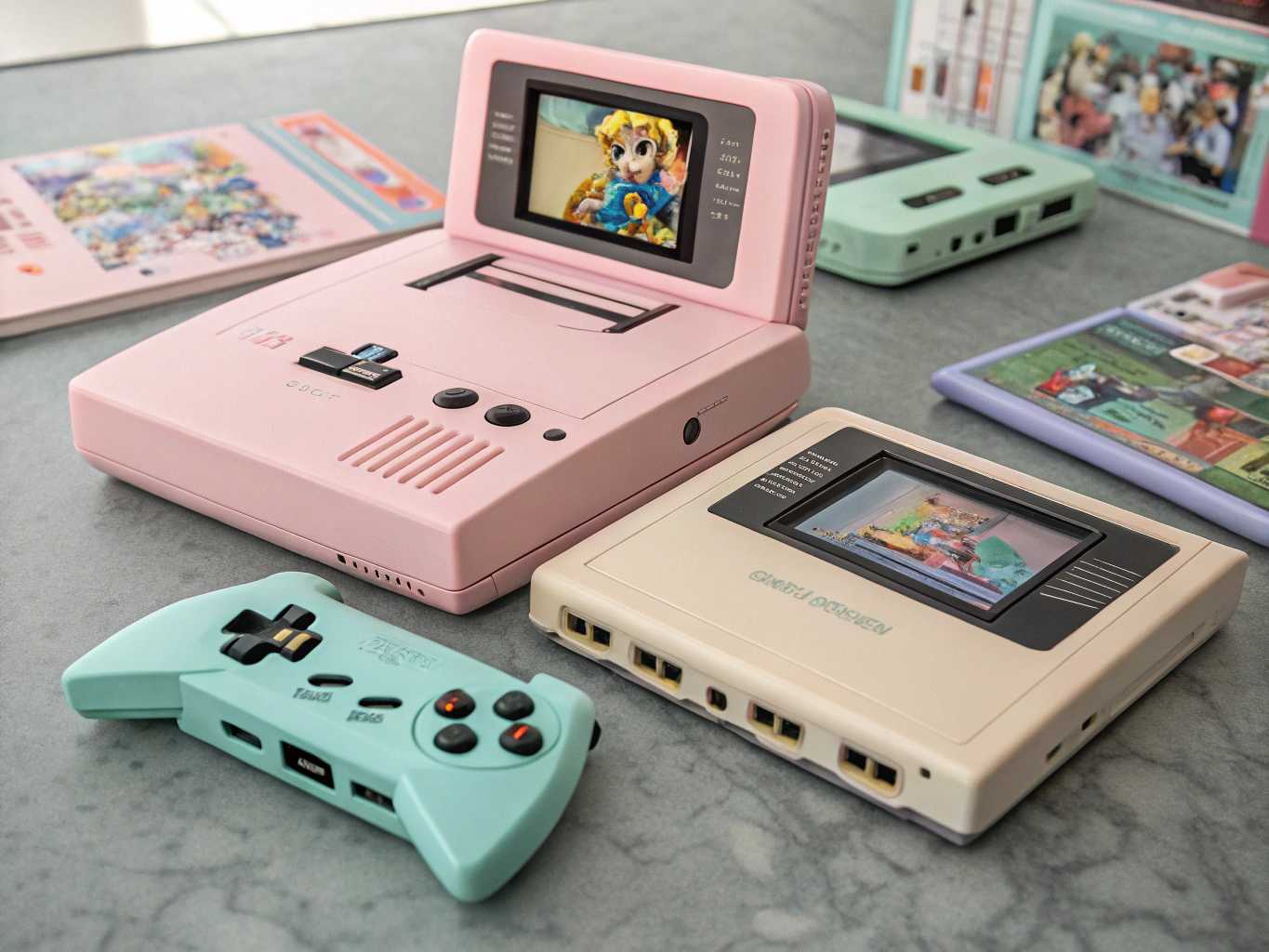 Eisenstein-style montage of the millinery NEC PC Engine GT, rendered in pastel-Harley Quinnpunk hues on Phase-Shifting Interferometry stock