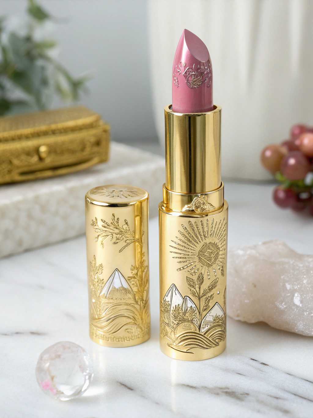 "A luxury lipstick inspired by Feng Shui and crystal energy, featuring a sleek, elegant design. The lipstick casing is made of metallic gold with intricate engravings of nature elements (waves, mountains, and leaves) representing harmony. The transparent cap reveals embedded small natural crystals (rose quartz, amethyst, and citrine) that shimmer beautifully under the light. The lipstick bullet has a smooth, glossy finish in a soft, natural pink shade, symbolizing beauty and positivity. The background includes soft glowing lights with a gradient of pastel colors, enhancing the spiritual and luxurious vibe of the product."