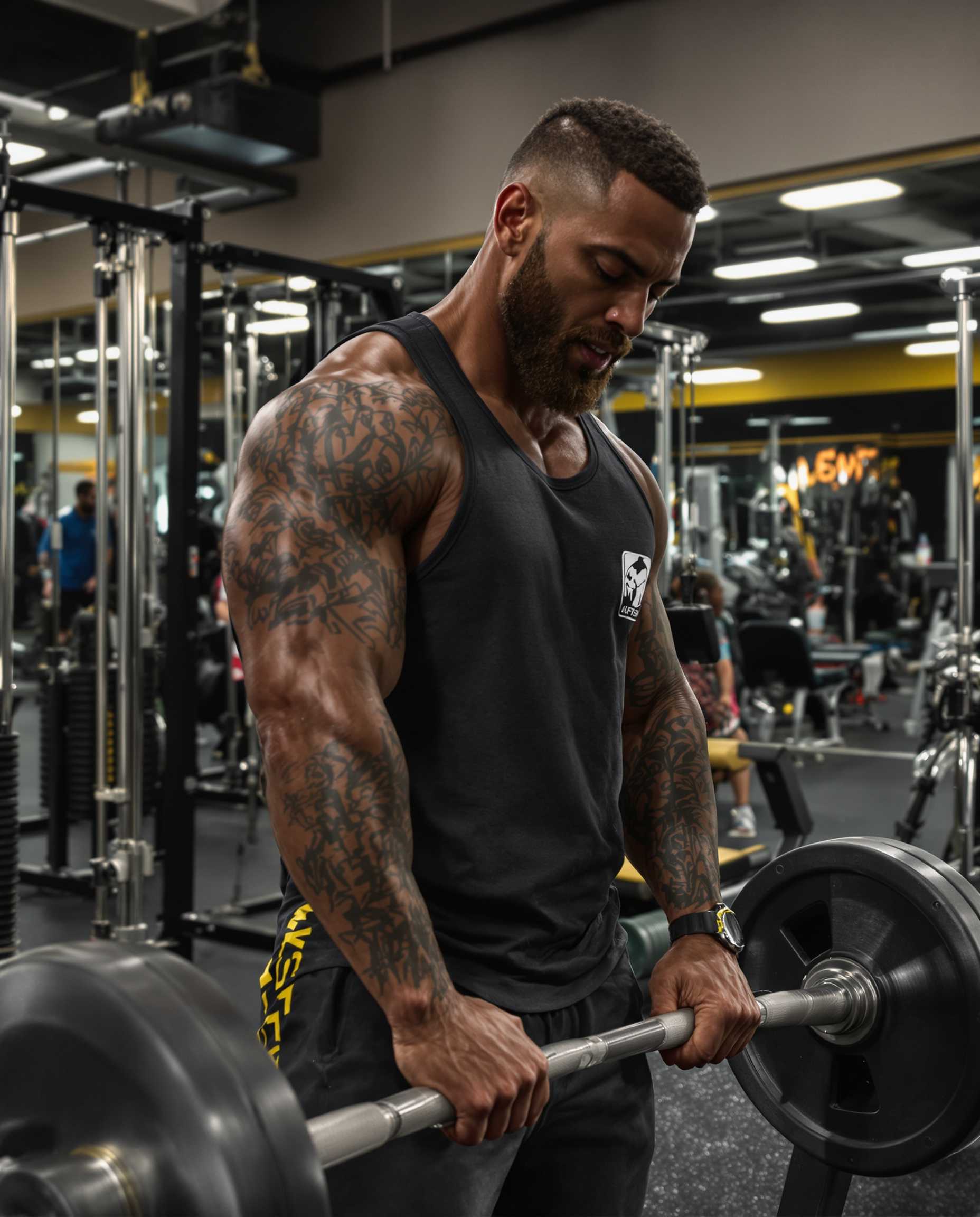 Give me a super realistic photo of a model training at the gym . I want it to be super realistic . And the mood is black and gold 