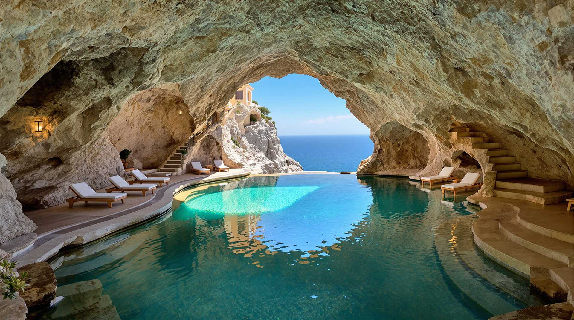 A rock pool with crystal-clear water and sun loungers, set in an ancient cave on the edge of a cliff overlooking the blue sea. The house is built into the stone wall above it, and there are also stairs leading down to another room. It was photographed by professional photographers using Canon cameras.