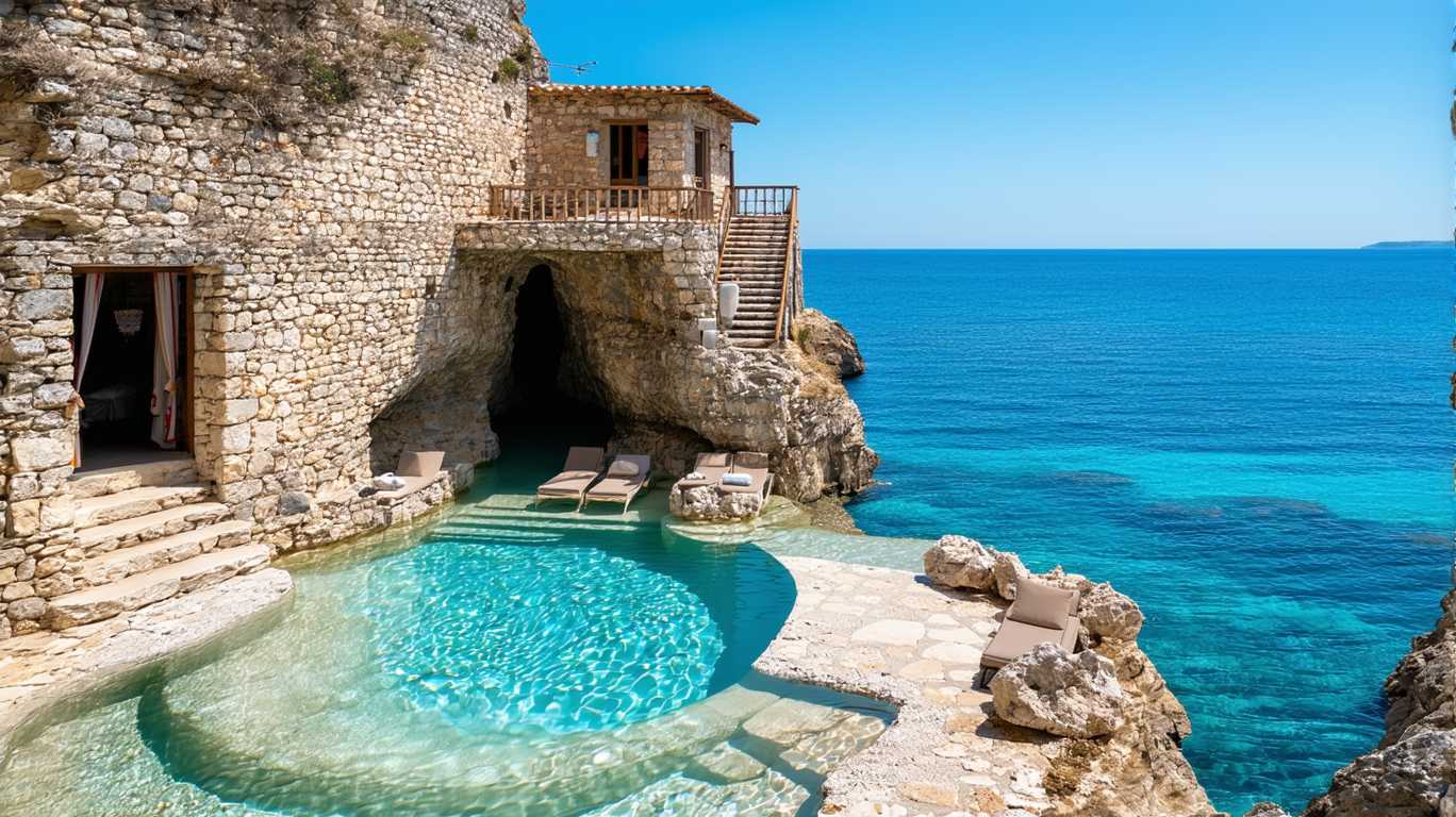 A rock pool with crystal-clear water and sun loungers, set in an ancient cave on the edge of a cliff overlooking the blue sea. The house is built into the stone wall above it, and there are also stairs leading down to another room. It was photographed by professional photographers using Canon cameras.