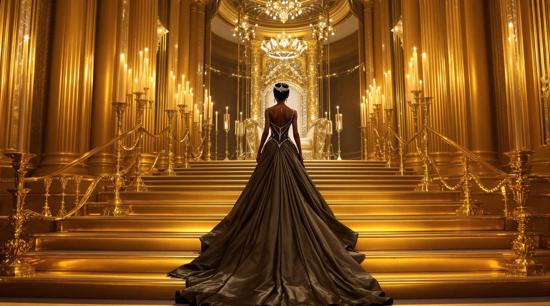 Photo realistic 3d image of a beautiful black woman dressed in a long elegant designer gown with a flowing train walking up golden steps with long gold taper candles on both sides towards a diamond crown that sits on a throne, the room should exude luxury and be decorated as such shot with Canon Eos camera