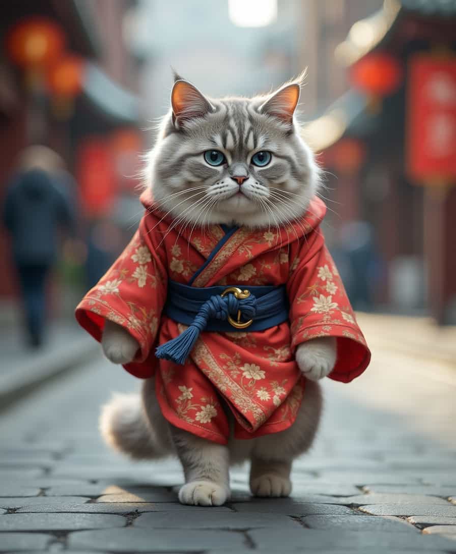 A gray white cat wearing Hanfu is walking on the street, 8K