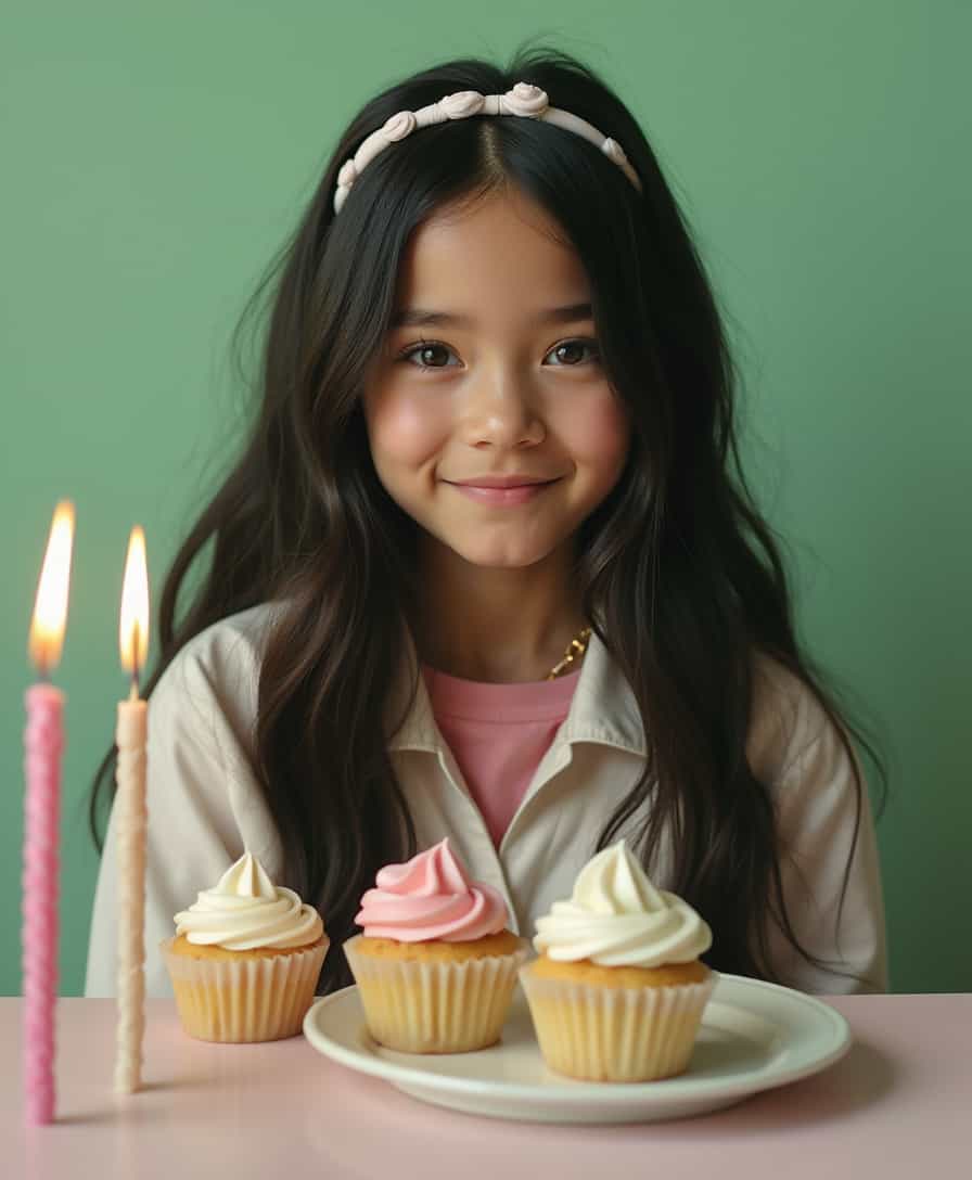The cream in a round cosmetic bin looks like the whipped cream in a cupcake. It contains a mixed-race East and West girl with long black hair and freckles sitting at a table with a headband, candles and cupcakes by the plate, light green background, vintage camera flash photography, shot in Petra Collins style, 35mm film grain, Kodak portrait color rating, a 20-year-old girl in sky blue pajamas, pink lipstick, bright eyes, full body photo, a girl with a cream in her mouth like she's eating cupcake in her hand, and a photo of the album cover of Lanez sprawling on her bed