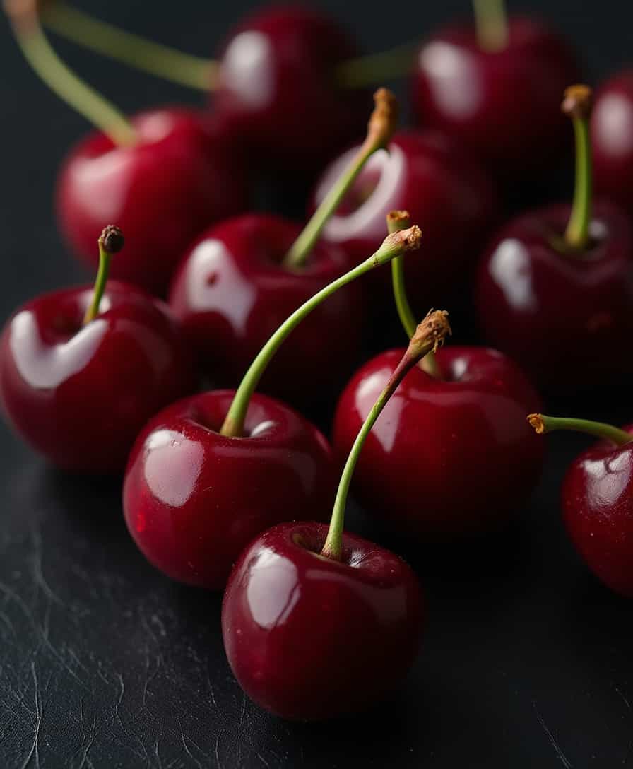 Dark red cherries, food photography, high-angle shot, black background, close-up, delicious, shiny and glossy, glaze, photographed in the style of an art director for a poster magazine cover shoot.