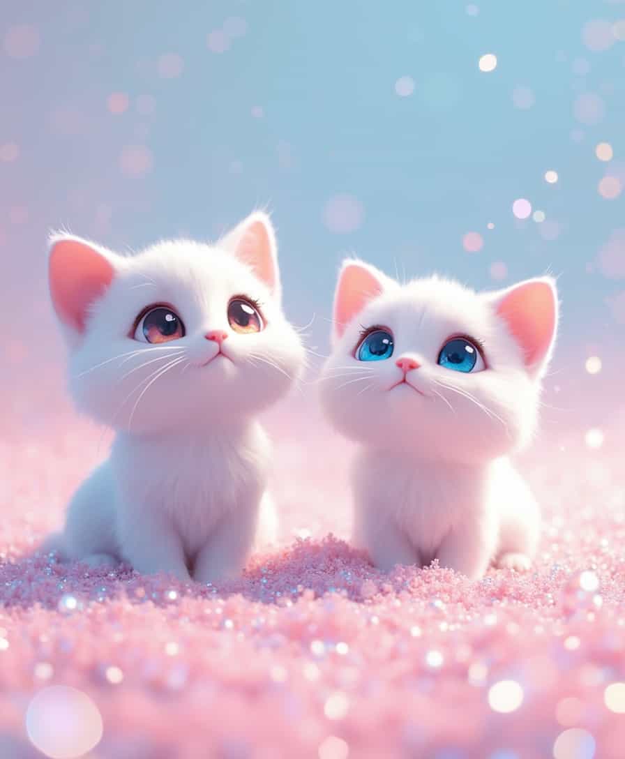 Two white cats with colorful eyes looking up buried in very fine iridescent light pastel sparkling glitter, against a light pink and blue pastel background, with soft lighting, in a cute, kawaii style, digital art in the style of Disney Pixar, with an adorable expression, a 3D render, beautiful colors, and cinematic lighting, in high resolution.