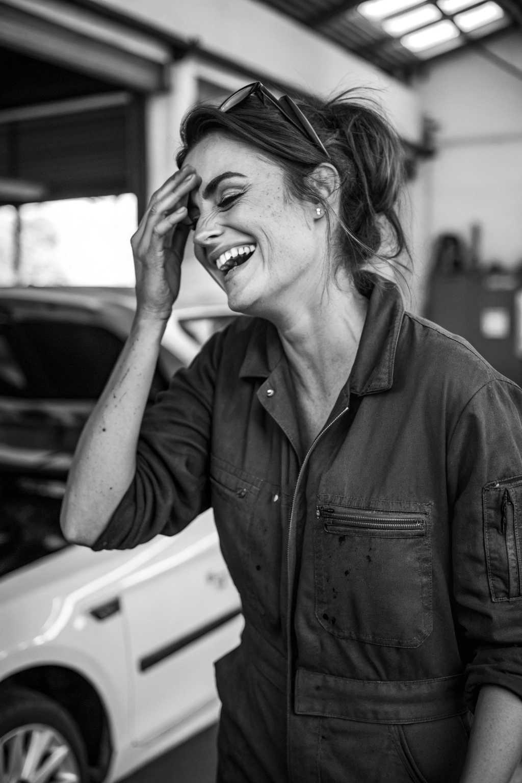 Black and white portrait of a modern, very beautiful lady - an auto mechanic in a garage. She looks a bit like Penelope Cruz. Her face is slightly, really slightly, smeared with black. She tries to wipe her face with the back of her hand and bursts into laughter. 