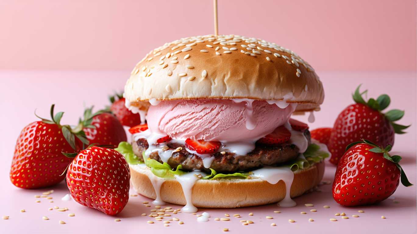 Pink strawberry and cream burger, covered in white glaze sprinkled with seeds, with pink ice cream melting on top of the bun, surrounded by strawberries, on a light pink background, close-up shot, food photography, hyper-realistic, high resolution. Free copy space 