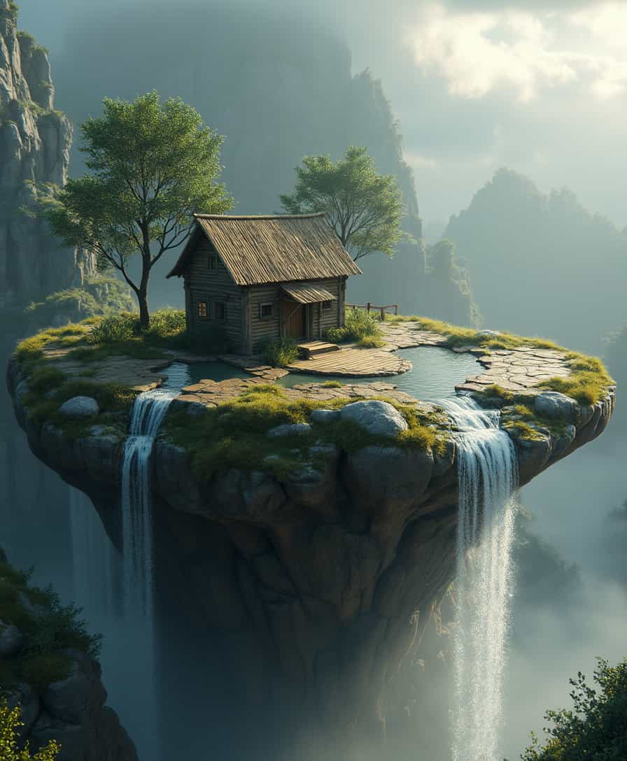 A photorealistic 3D view of a simple wooden hut sitting on a piece of floating land shaped like a plate, resembling a Minas Tirith-like design. The edges of the floating land cascade with flowing water, creating beautiful waterfalls that connect to the base land below. The scene is surrounded by misty air, lush greenery, and sunlight filtering through clouds. Detailed textures on the wood, rocks, and water emphasize realism. The composition is framed vertically in a 9:16 aspect ratio for an immersive view.