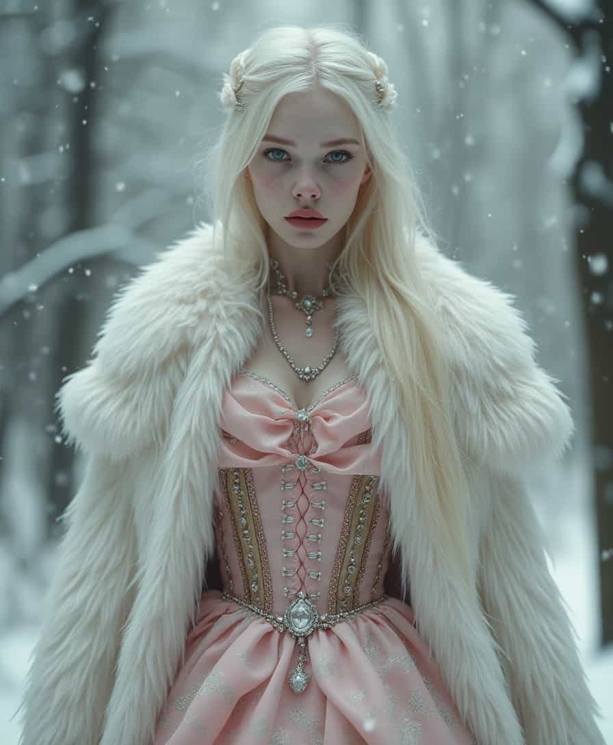 An extremely detailed hyper realistic photo depicting a very thin regal figure portrayed by a young emma roberts with albino pale skin and long blonde hair wearing a fur coat over an elaborate white and pink gown in a snowy backdrop like a Disney princess out of some kind of nightmare. She has a sinister gleam in her expression and looks elegant and beautiful but also equal parts deranged and dangerous. The overall style has a dark horror-influenced twist. The color palette is predominantly soft pinks, whites, and pastels which creates an interesting contrast with the darker thematic elements.