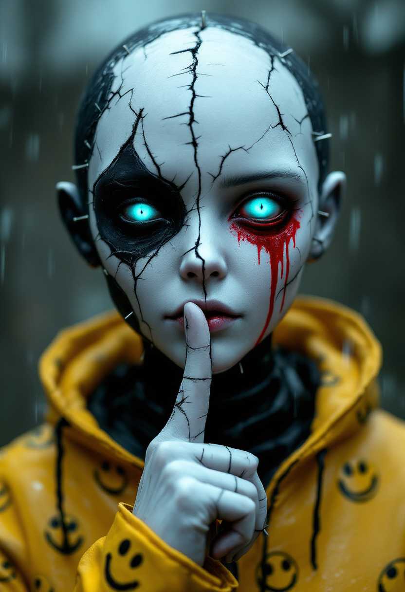 A close-up of a stylized, eerie humanoid character with a cracked, two-tone face, half white and half black, stitched together with metallic rods. The character has glowing turquoise eyes with one bleeding red tears. It wears a yellow and black outfit featuring smiley face designs, contrasting with its dark and haunting expression. The figure holds a finger to its lips in a shushing gesture, emphasizing mystery and silence. The scene is set in a rainy, moody atmosphere
