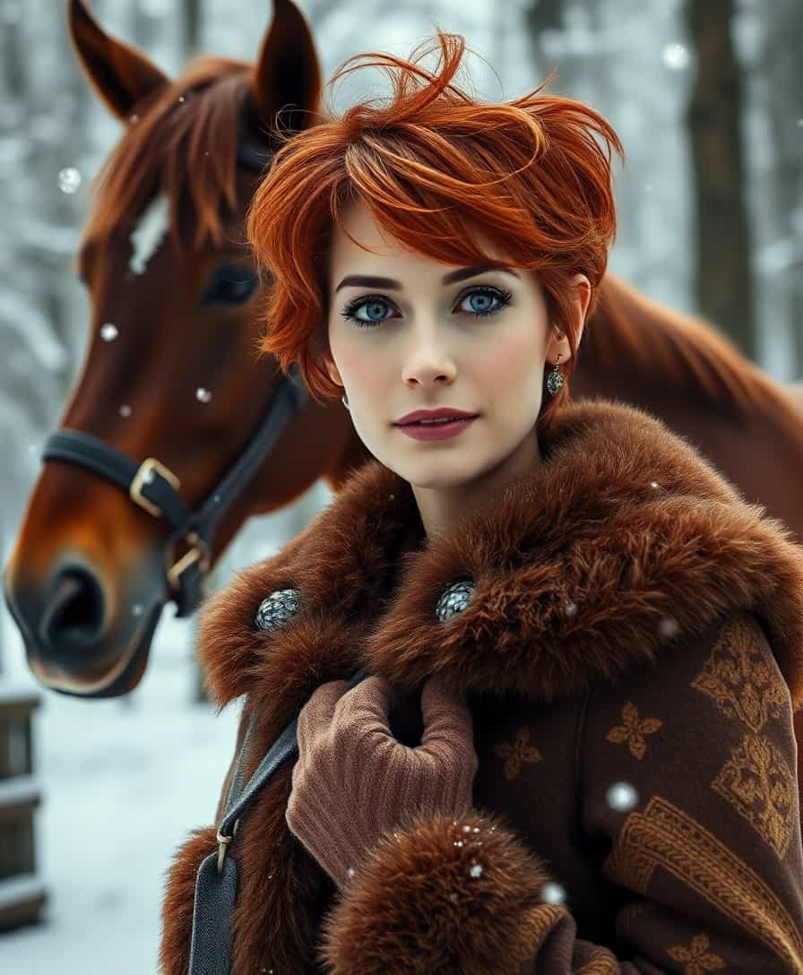 A hyperrealistic photo of a 40-year-old woman with short red messy hair, wearing a fur-lined brown winter coat and matching gloves. She stands in front of a majestic brown horse in a snowy forest, with snowflakes gently falling around them. The woman’s piercing gaze and the horse’s calm demeanor complement the serene winter landscape, creating a sense of harmony between human and animal.  
