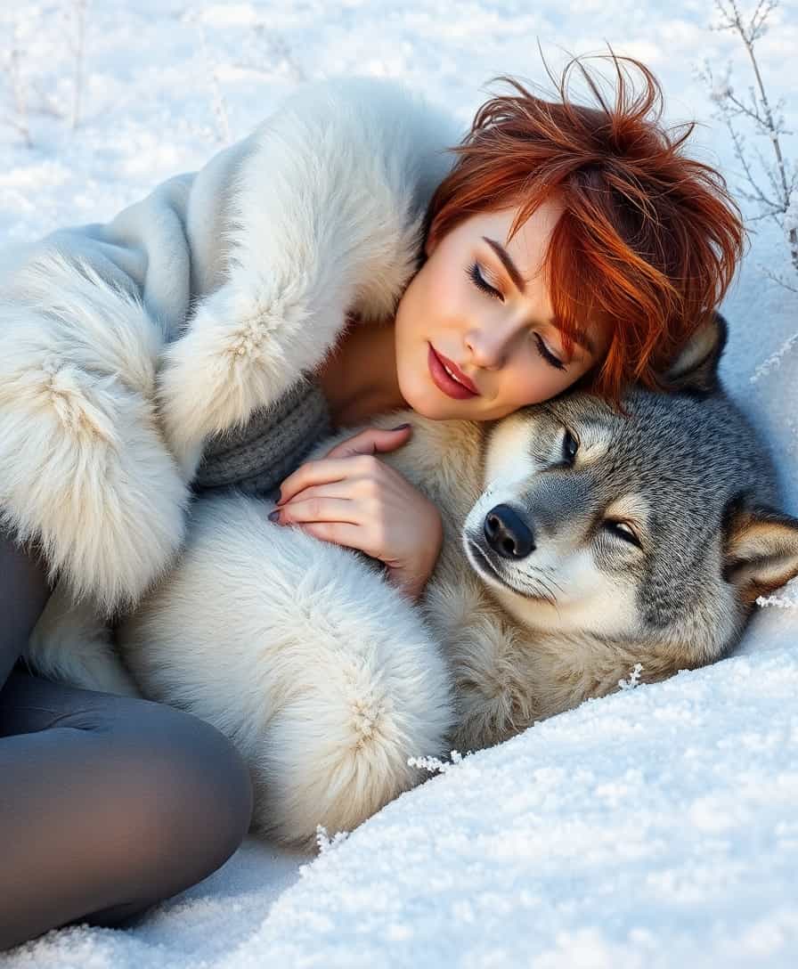 Create a hyperrealistic photograph of a 40-year-old woman with short, messy, vibrant red hair, her tresses catching the light in subtle highlights. She is dressed in a luxurious white fur-lined jacket, the texture of the fur detailed with individual strands, and woolen leggings that hug her form, adding a tactile warmth against the cold. She lies in a frost-covered meadow, the frost crystals glinting like diamonds under the soft, pale winter sun. 

Beside her, a majestic wolf is curled up, its fur thick and textured, appearing almost lifelike with shades of gray and white blending seamlessly. The woman rests her cheek against the wolf's fur, her face serene, eyes half-closed, exuding a deep sense of tranquility and connection with nature. 

The composition is intimate, with the woman and wolf positioned centrally, their bodies intertwined in a natural, serene pose. The camera angle is low, capturing the intimacy of the scene while emphasizing the vast, snowy landscape stretching out behind them. The lighting is natural, with the sun casting long, soft shadows and creating a luminous glow around the subjects, enhancing the ethereal mood.

The mood is one of peace, with the cold winter air visible in the gentle breath of the wolf, and the atmosphere carries the stillness of a serene winter morning. Use techniques like depth of field to focus on the woman and wolf, allowing the background to blur slightly, emphasizing their connection. The image should evoke a sense of timeless beauty, reminiscent of a scene from a classic winter tale, with the technical precision of modern hyperrealistic photography.