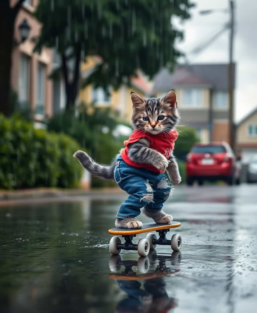 A photorealistic image of a grey tabby kitten riding a mini skateboard in a quiet suburban street during a light drizzle. The kitten is dressed in tiny ripped jeans and a red T-shirt, its tail balancing gracefully behind. The rain creates ripples in small puddles, and the overcast sky adds a moody, cinematic tone to the scene.  
